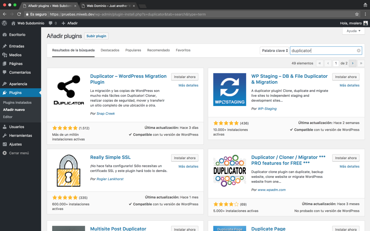 Paso 1 - Instalar Duplicator en la Web de Subdominio