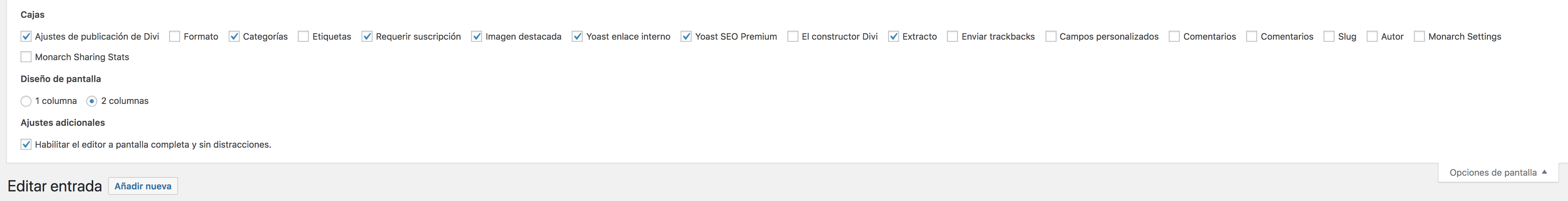Opciones de pantalla de WordPress - Monarch